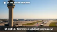 A busy U.S. airport control tower overlooks a line of departing jets as FAA staffing shortages trigger delays during the shutdown.