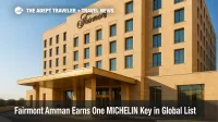The limestone façade and porte-cochère of Fairmont Amman with clear skies, illustrating its one MICHELIN Key recognition in the global MICHELIN Guide hotel selection.