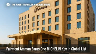 The limestone façade and porte-cochère of Fairmont Amman with clear skies, illustrating its one MICHELIN Key recognition in the global MICHELIN Guide hotel selection.