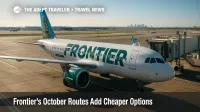 Frontier’s A320neo at a busy U.S. gate, illustrating Frontier’s October routes that add cheaper options on legacy corridors.