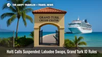 A cruise ship at Grand Turk Cruise Center with gate signage, showing Labadee swaps and Grand Turk ID rules for travelers.