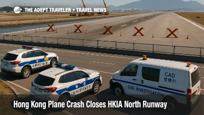 Closed runway at Hong Kong International with orange Xs, airport police SUVs and a CAD investigation van; cranes and Lantau peaks beyond.