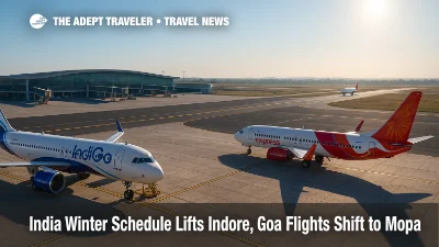 A sunny morning ramp at Indore shows IndiGo and Air India Express preparing departures, illustrating India winter schedule changes.