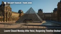 he Louvre Pyramid forecourt with closed entry points after the heist, emphasizing the Louvre closed Monday message.