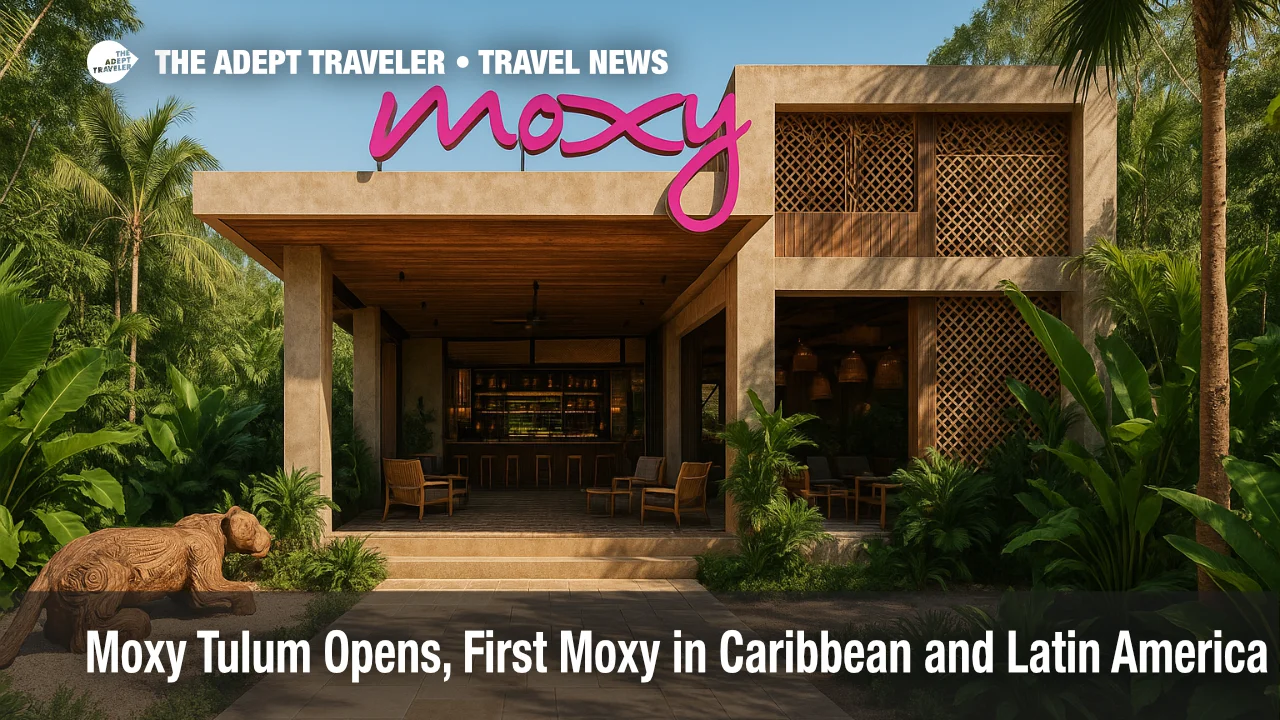A photorealistic view of Moxy Tulum's open-air lobby and entrance near Jaguar National Park, highlighting the brand's playful, design-forward debut in Latin America.