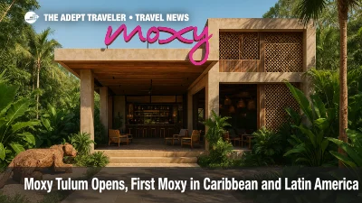 A photorealistic view of Moxy Tulum's open-air lobby and entrance near Jaguar National Park, highlighting the brand's playful, design-forward debut in Latin America.