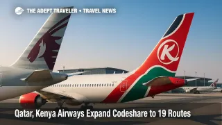 Two aircraft at Doha, Qatar Airways and Kenya Airways tails side by side, illustrating expanded codeshare routes and one-ticket connectivity.
