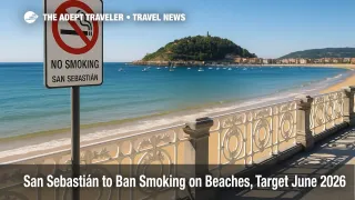 La Concha's shoreline and promenade signage highlight San Sebastián's smoke-free beaches and new summer pet hours for 2026.