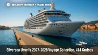 A Silversea ship at a Mediterranean pier, showcasing the 2027 to 2028 voyage collection with classic and expedition sailings.