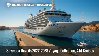 A Silversea ship at a Mediterranean pier, showcasing the 2027 to 2028 voyage collection with classic and expedition sailings.