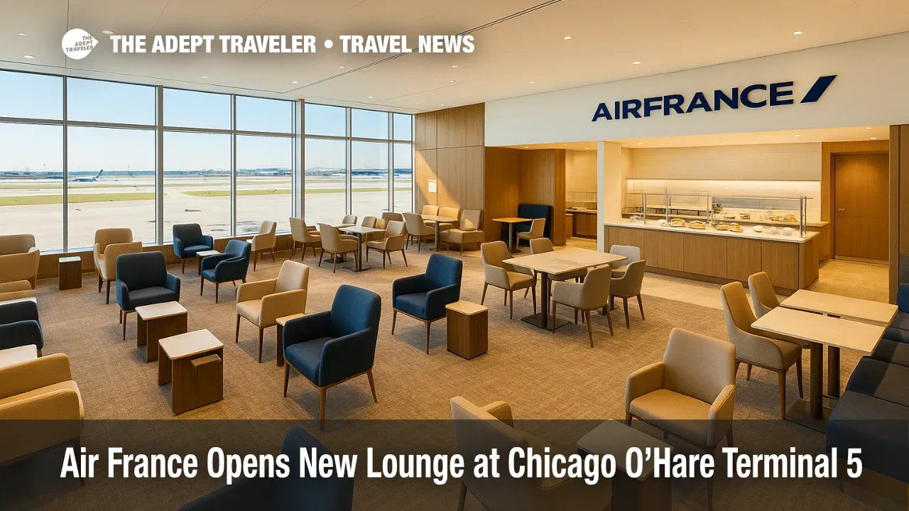 Air France lounge at Chicago O'Hare Terminal 5 with runway views, modern seating, and French dining stations.