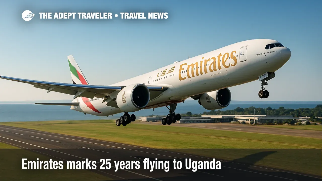 An Emirates 777 300ER departs Entebbe with Lake Victoria beyond, marking Emirates' 25 years serving Uganda.
