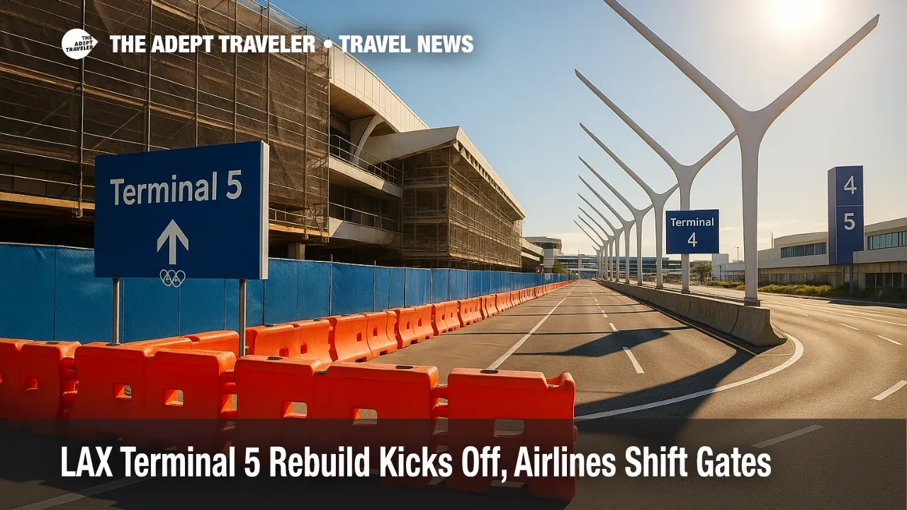 LAX curbside view showing Terminal 5 construction barriers and signage during the LAX Terminal 5 rebuild.