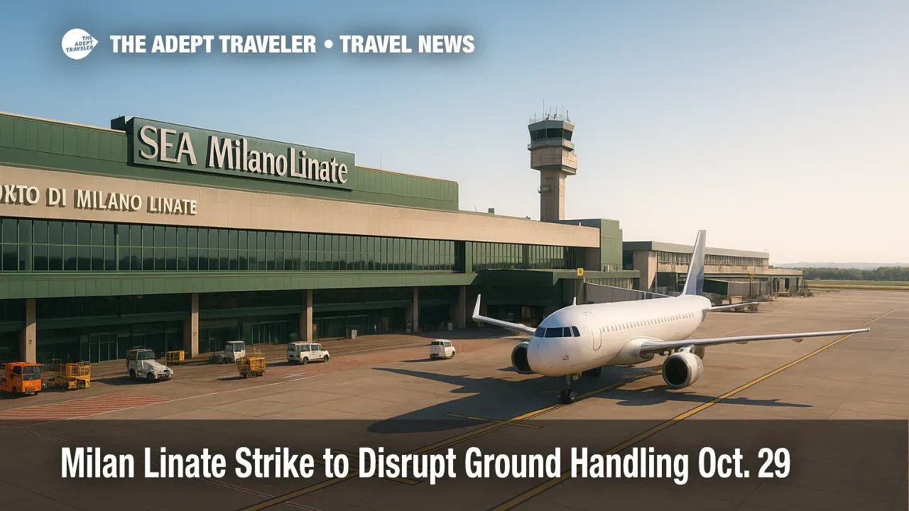 Milan Linate terminal and apron under clear skies with parked aircraft and quiet ramp, illustrating a Milan Linate strike and guaranteed flight windows.