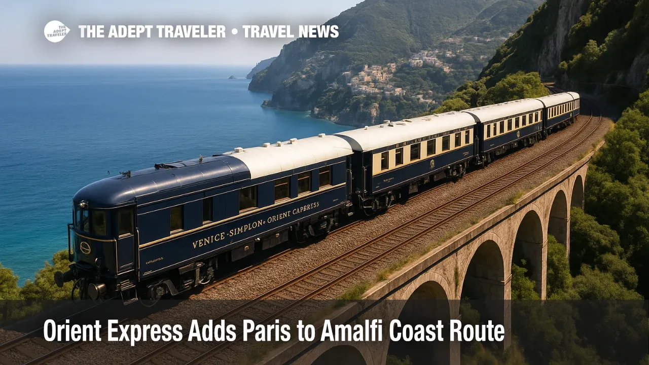 Venice Simplon-Orient-Express crosses a coastal viaduct toward Ravello, showcasing the new Paris to Amalfi Coast route.