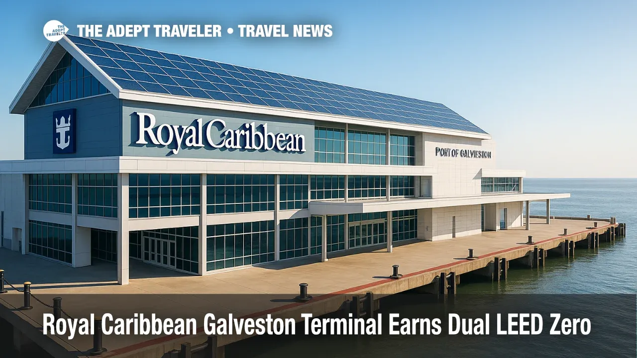 Royal Caribbean's Galveston Cruise Terminal with rooftop solar panels, illustrating its dual LEED Net Zero certifications.