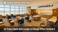 Air France lounge at Chicago O'Hare Terminal 5 with runway views, modern seating, and French dining stations.