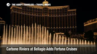 ellagio fountain show at night with golden-lit water jets, the Bellagio hotel glowing in the background over the lake.