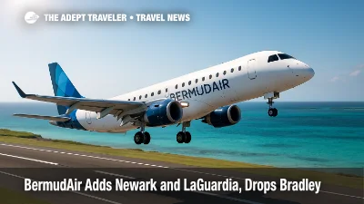 A BermudAir E190 lifts off from Bermuda as the airline shifts from Bradley to new Newark and LaGuardia routes.