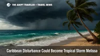 Dark storm shelf cloud approaches a Caribbean beach as palms bend and waves build, showing what a hurricane looks like.