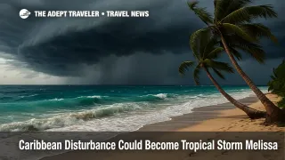 Dark storm shelf cloud approaches a Caribbean beach as palms bend and waves build, showing what a hurricane looks like.