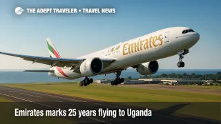 An Emirates 777 300ER departs Entebbe with Lake Victoria beyond, marking Emirates' 25 years serving Uganda.