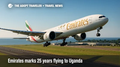 An Emirates 777 300ER departs Entebbe with Lake Victoria beyond, marking Emirates' 25 years serving Uganda.