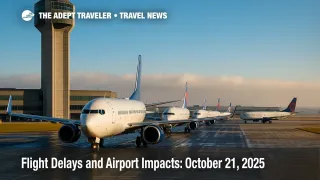 Low clouds at a major U.S. hub as the control tower oversees a lineup of jets, illustrating flight delays and airport impacts.