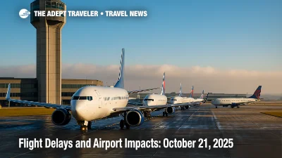 Low clouds at a major U.S. hub as the control tower oversees a lineup of jets, illustrating flight delays and airport impacts.