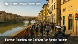 Pedestrians follow police guidance along the Lungarno near Ponte Vecchio during protests tied to the Florence rickshaw and golf cart ban.