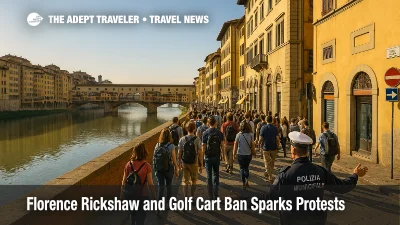 Pedestrians follow police guidance along the Lungarno near Ponte Vecchio during protests tied to the Florence rickshaw and golf cart ban.