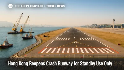Hong Kong International's north runway shown with recovery vessels and cranes as the crash runway reopens for standby use only.