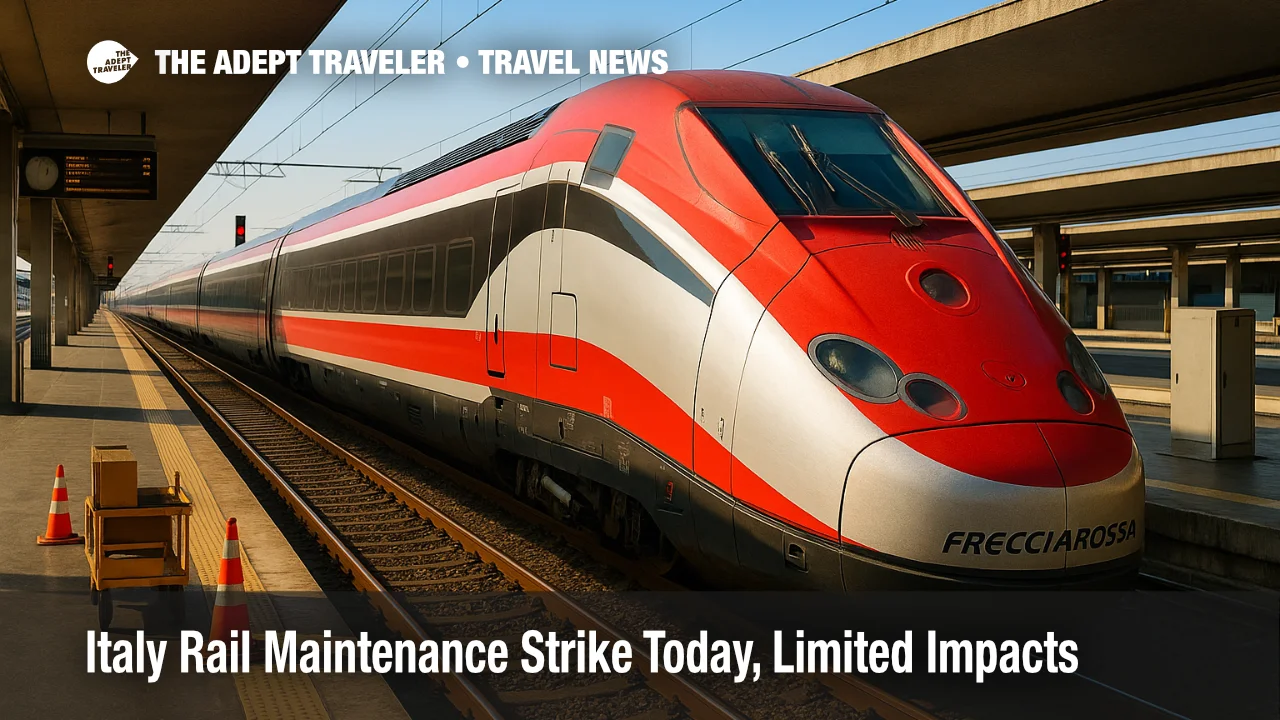 A Trenitalia Frecciarossa stands at Roma Termini as cones and tool carts signal asset checks during the Italy rail maintenance strike.