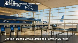 JetBlue Terminal 5 check-in and Mint area at JFK, illustrating new TrueBlue Mosaic perks and lounge access.