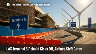 LAX curbside view showing Terminal 5 construction barriers and signage during the LAX Terminal 5 rebuild.