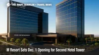 The M Resort's expanded façade with its new second hotel tower, highlighting the $206 million project and December 1 opening.