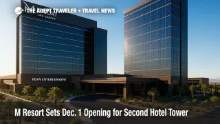 The M Resort's expanded façade with its new second hotel tower, highlighting the $206 million project and December 1 opening.
