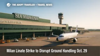 Milan Linate terminal and apron under clear skies with parked aircraft and quiet ramp, illustrating a Milan Linate strike and guaranteed flight windows.