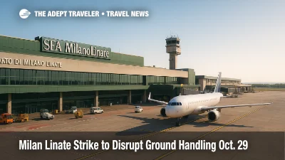 Milan Linate terminal and apron under clear skies with parked aircraft and quiet ramp, illustrating a Milan Linate strike and guaranteed flight windows.