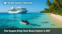 Small-ship Paul Gauguin at anchor in a turquoise lagoon near a motu, illustrating the Moana Explorer family program in French Polynesia.