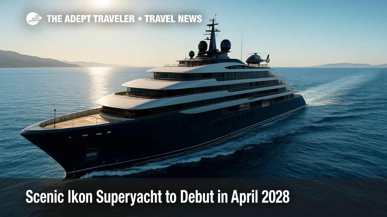 Scenic Ikon superyacht under way on a clear Mediterranean morning, highlighting its sleek profile and expedition design.