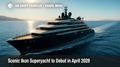 Scenic Ikon superyacht under way on a clear Mediterranean morning, highlighting its sleek profile and expedition design.