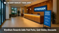 Bright Wyndham lobby check-in scene highlighting Wyndham Rewards Insider launch with signage, reinforcing hotel loyalty subscription perks. ([