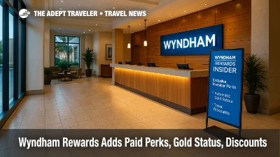 Bright Wyndham lobby check-in scene highlighting Wyndham Rewards Insider launch with signage, reinforcing hotel loyalty subscription perks. ([