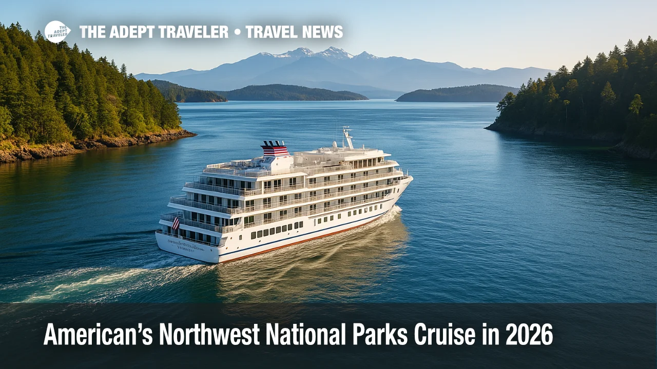 Small cruise ship transits the San Juan Islands with Olympic peaks beyond, promoting the Northwest National Parks cruise.