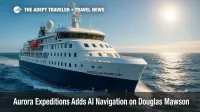 Douglas Mawson sails through low Southern Ocean swells, illustrating Aurora Expeditions AI navigation and polar research focus.