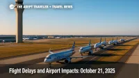Line of jets waits near the runway and control tower, illustrating flight delays and airport impacts at major hubs.