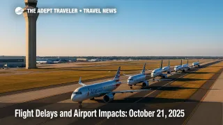 Line of jets waits near the runway and control tower, illustrating flight delays and airport impacts at major hubs.