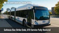 An STO city bus pulls into a Gatineau stop after the Gatineau bus strike ends, signaling full service restoration.