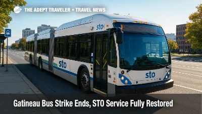 An STO city bus pulls into a Gatineau stop after the Gatineau bus strike ends, signaling full service restoration.